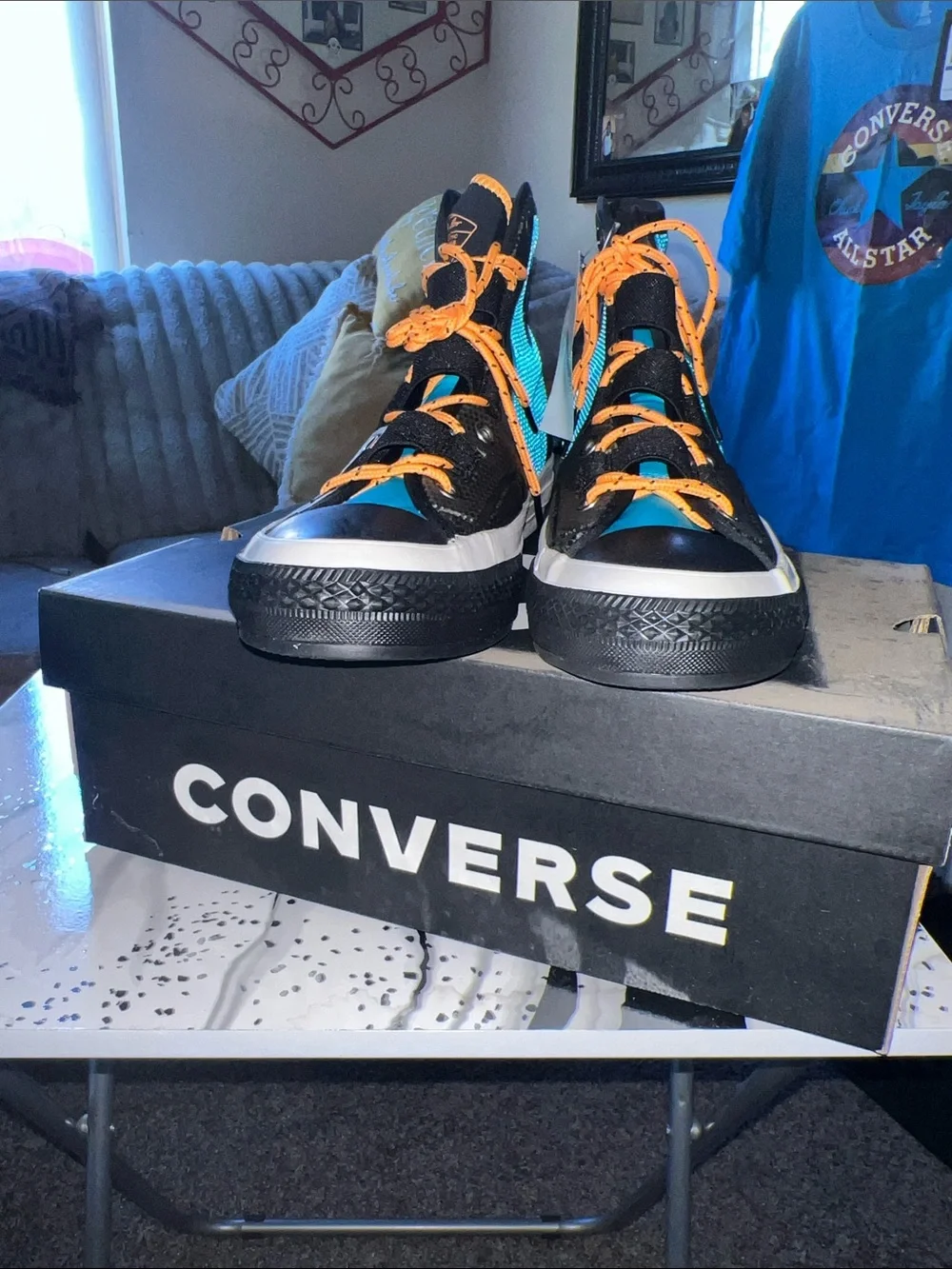Converse Kids Black and Teal High-Tops with Orange Laces - Picture 7 of 8